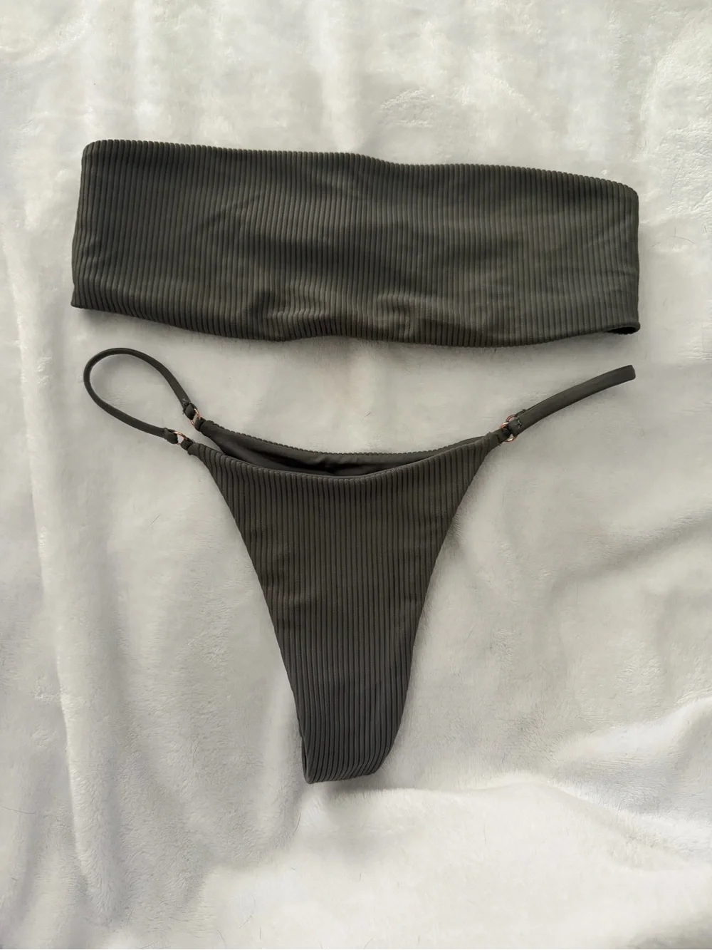 Frankie's Bikinis Ribbed Bandeau Bikini Set in Dark Grey